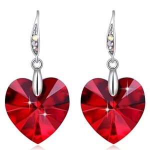 Red Crystal Heart Drop Dangle Silver Hook Earrings
